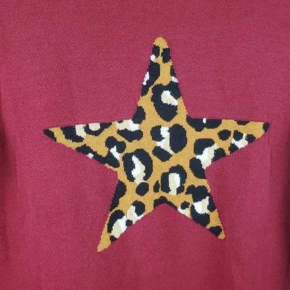 CROWN & Ivy Sweater‎ Crewneck Womens Large Maroon Black Cheetah Star - Picture 4 of 7